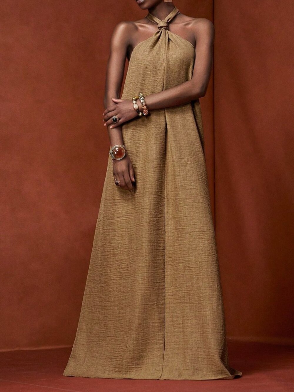 Brown Casual Women's Halter Knot Neck Open Back Maxi Dress With Pockets - Picture 5 of 7